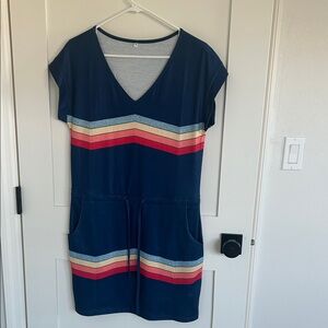 Striped V-Neck Dress - Blue and Multicolor